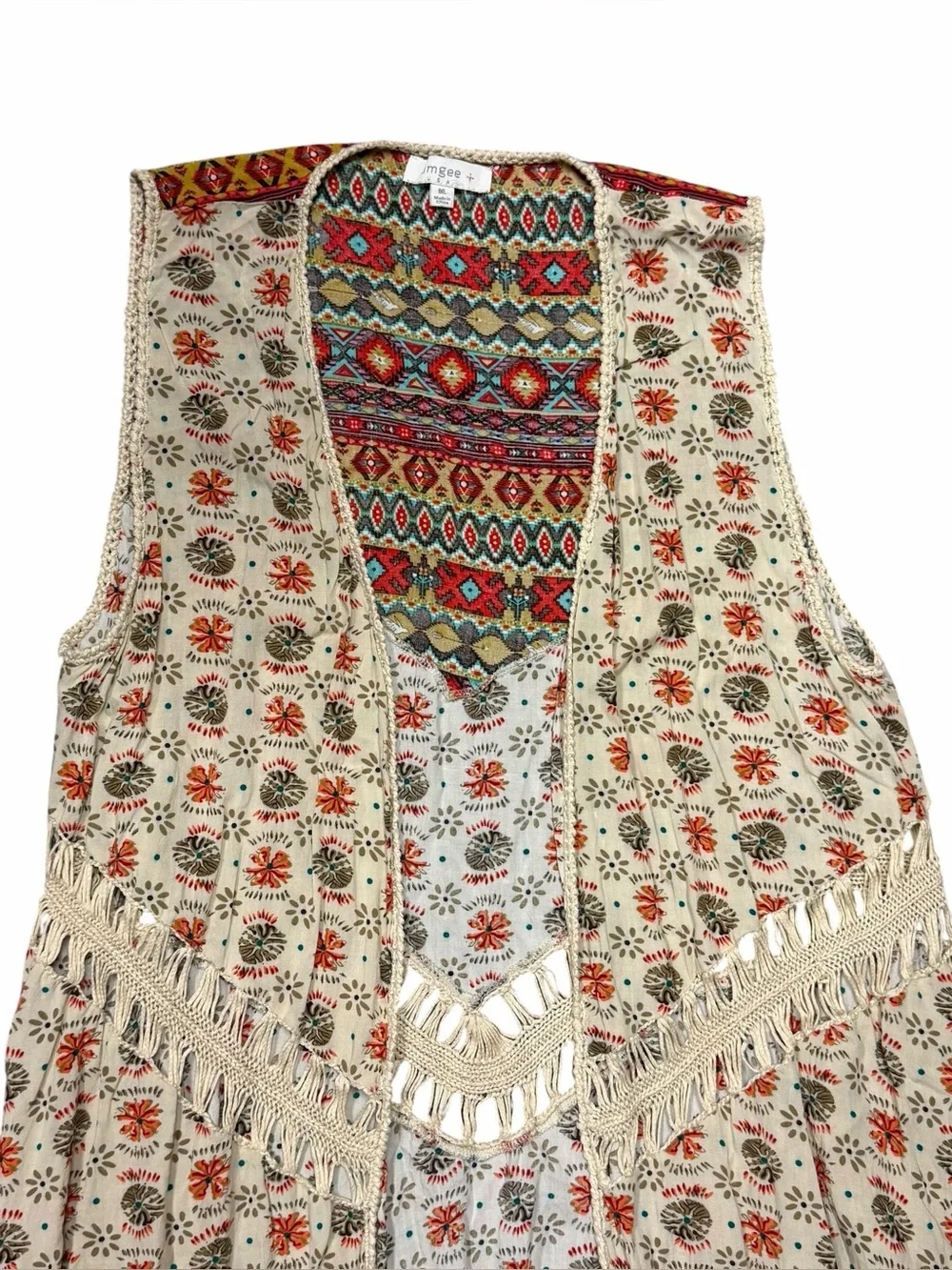 Umgee Boho Aztec Fringe Long Duster Vest Crochet Trim Plus Size 1XL - Picture 11 of 16